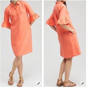 Chicos Linen Orange Fluted Sleeve Shift Dress Sz 8 Pockets Collared Minimalist